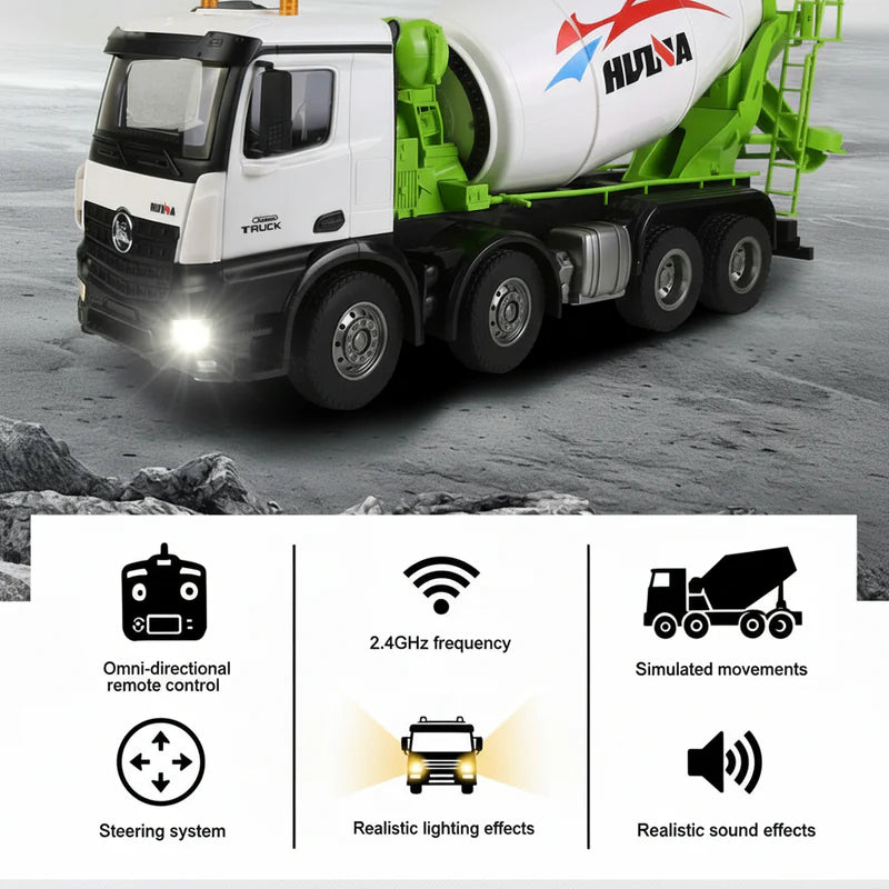 Huina RC mixer truck outdoor construction setup