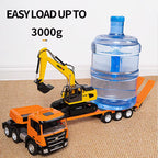 RC truck transporting excavator on trailer