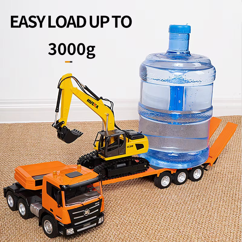 RC truck transporting excavator on trailer